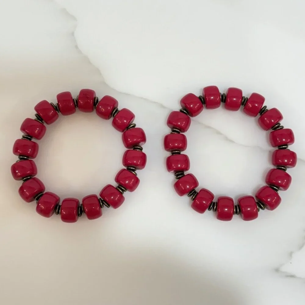 VTG‎ Premier Designs Set of 2 Fuchsia Beaded Stretch Bracelets Brass Tone Boho